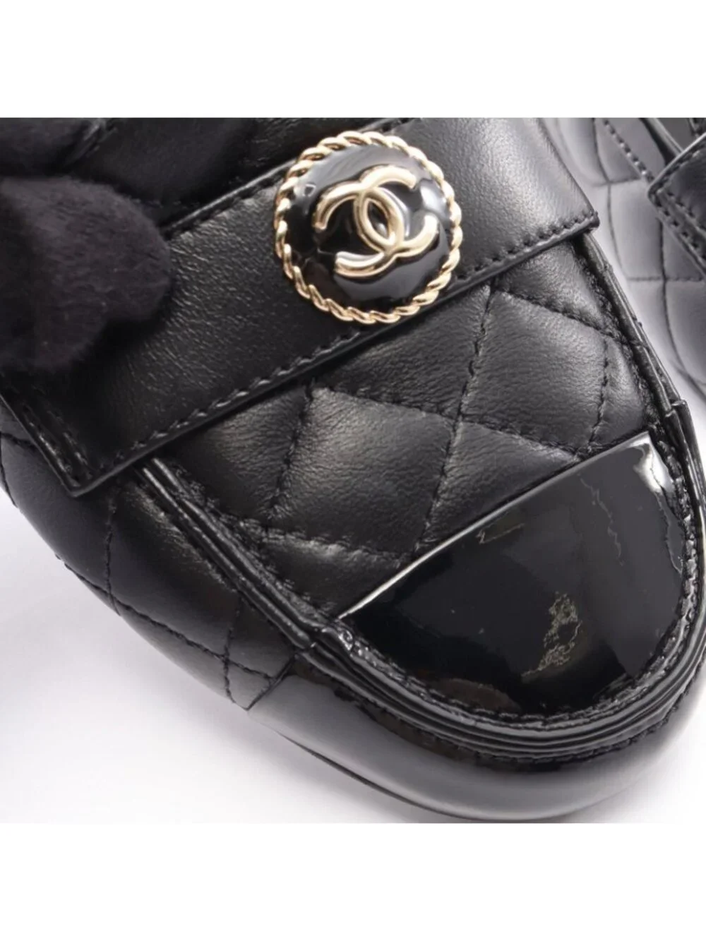 Chanel CC Logo Quilted Leather Patent Shoes Loafers